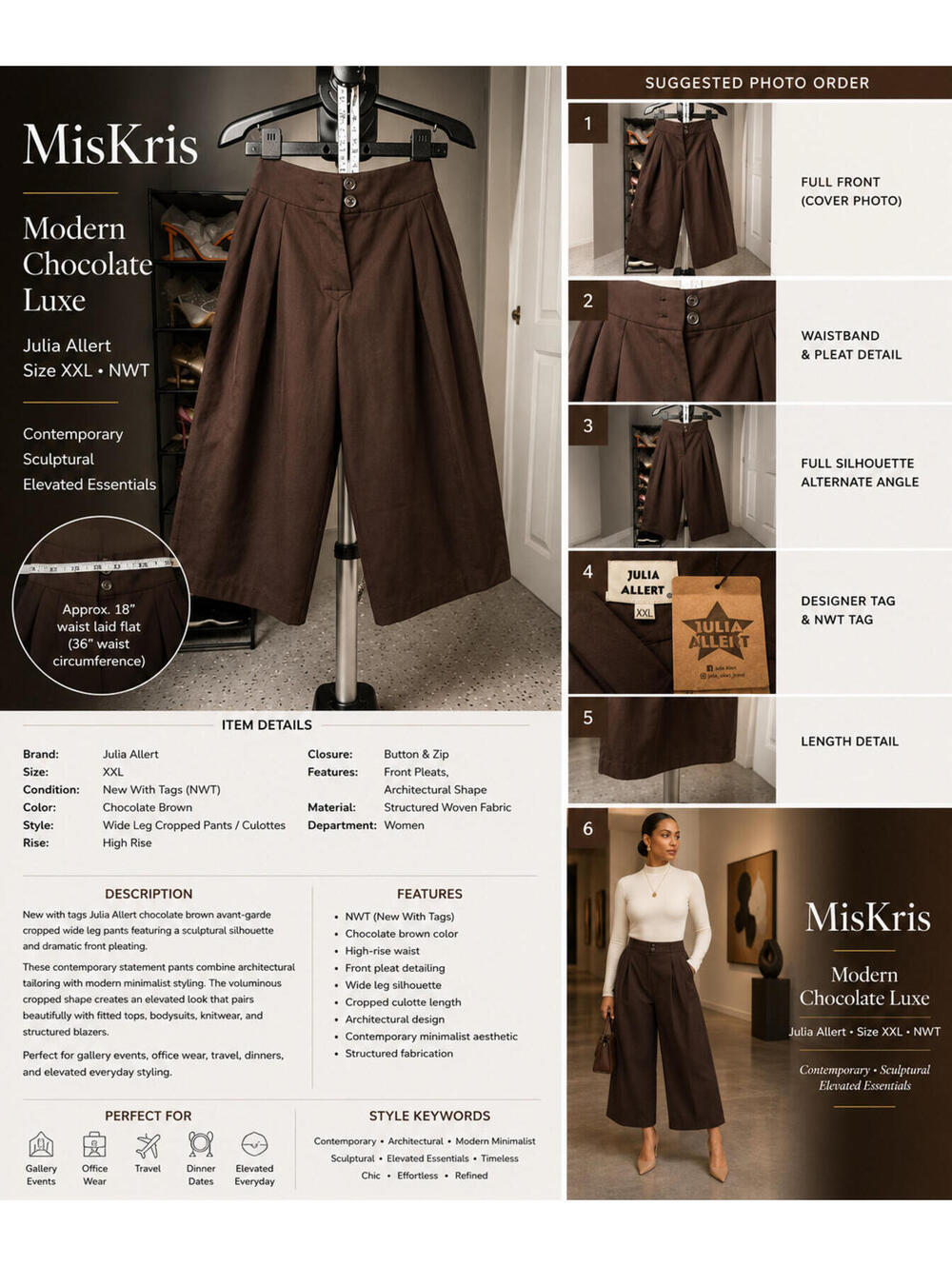 Julia Allert Chocolate Brown Pleated Wide Leg Cropped Pants NWT XXL Avant Garde